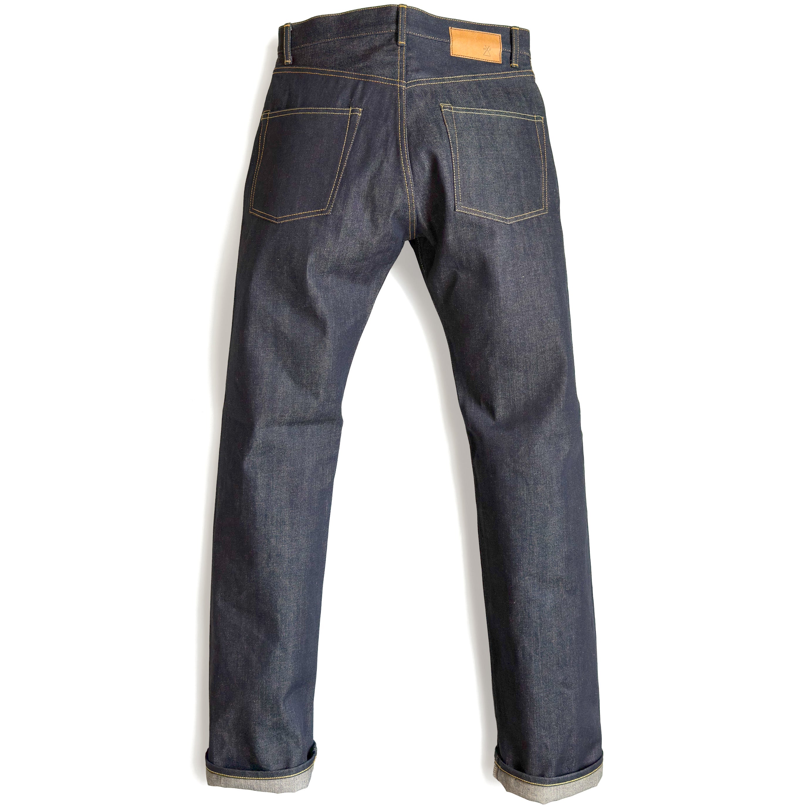 HFD-01 Japanese selvedge denim relaxed fit wide leg jeans, back view showing rear pockets and jacron paper patch.