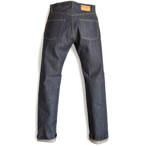 HFD-01 Japanese selvedge denim relaxed fit wide leg jeans, back view showing rear pockets and jacron paper patch.