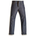 HFD-01 Japanese selvedge denim relaxed fit wide leg jeans with button fly, front view.
