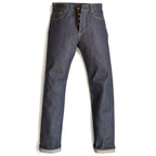 HFD-01 Japanese selvedge denim relaxed fit wide leg jeans with button fly, front view.