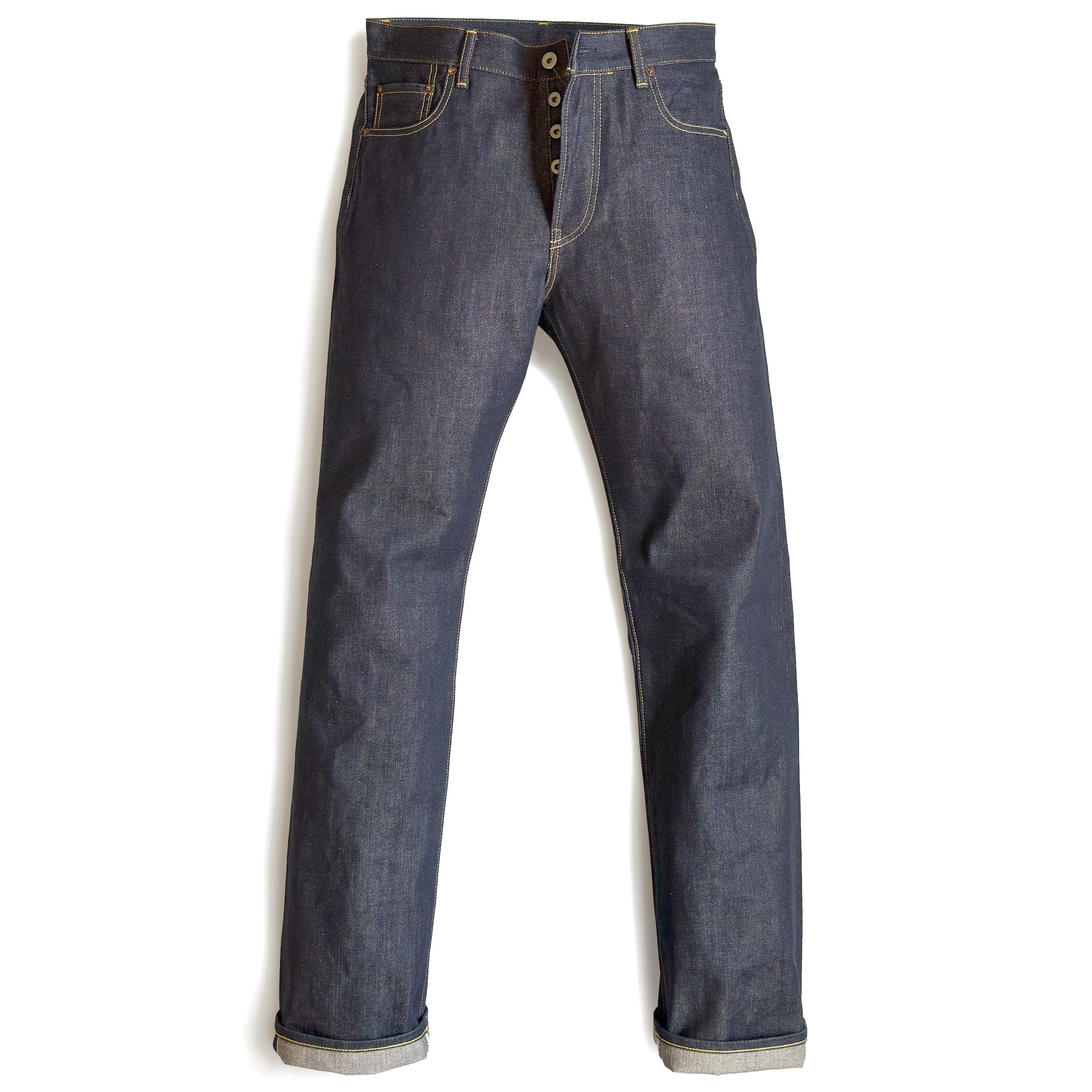 HFD-01 Japanese selvedge denim relaxed fit wide leg jeans with button fly, front view.