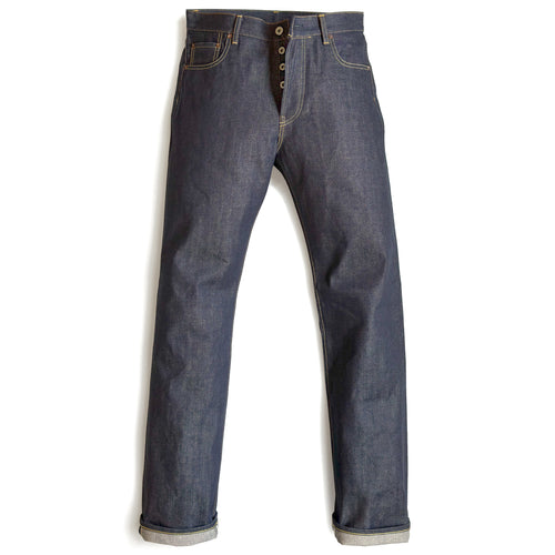 HFD-01 Japanese selvedge denim relaxed fit wide leg jeans with button fly, front view.