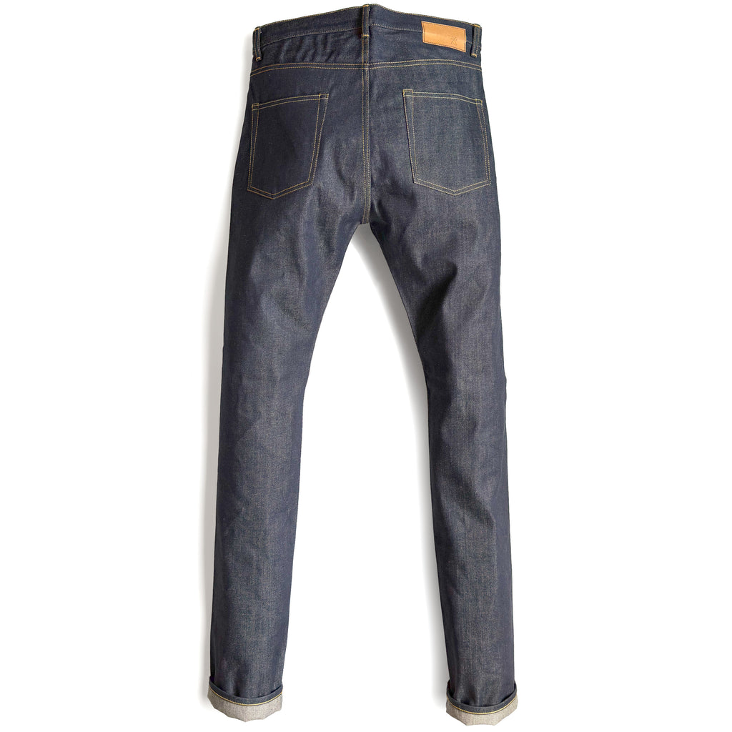 HFD02 Japanese selvedge denim relaxed fit tight tapered leg jeans, back view showing rear pockets and jacron paper patch.