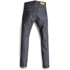 HFD02 Japanese selvedge denim relaxed fit tight tapered leg jeans, back view showing rear pockets and jacron paper patch.
