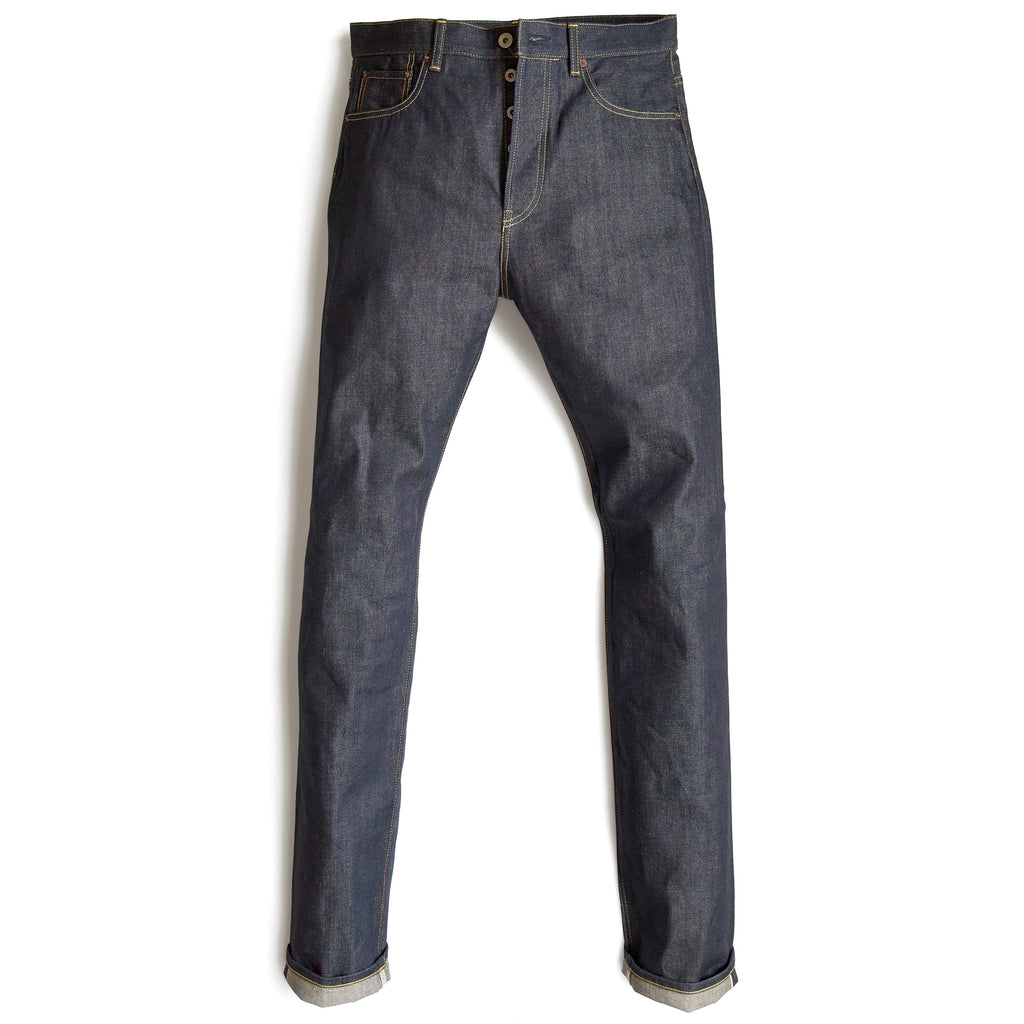 HFD02 Japanese selvedge denim relaxed fit tight tapered leg jeans with button fly, front view.