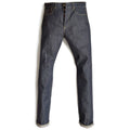 HFD02 Japanese selvedge denim relaxed fit tight tapered leg jeans with button fly, front view.
