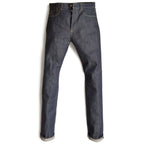 HFD02 Japanese selvedge denim relaxed fit tight tapered leg jeans with button fly, front view.