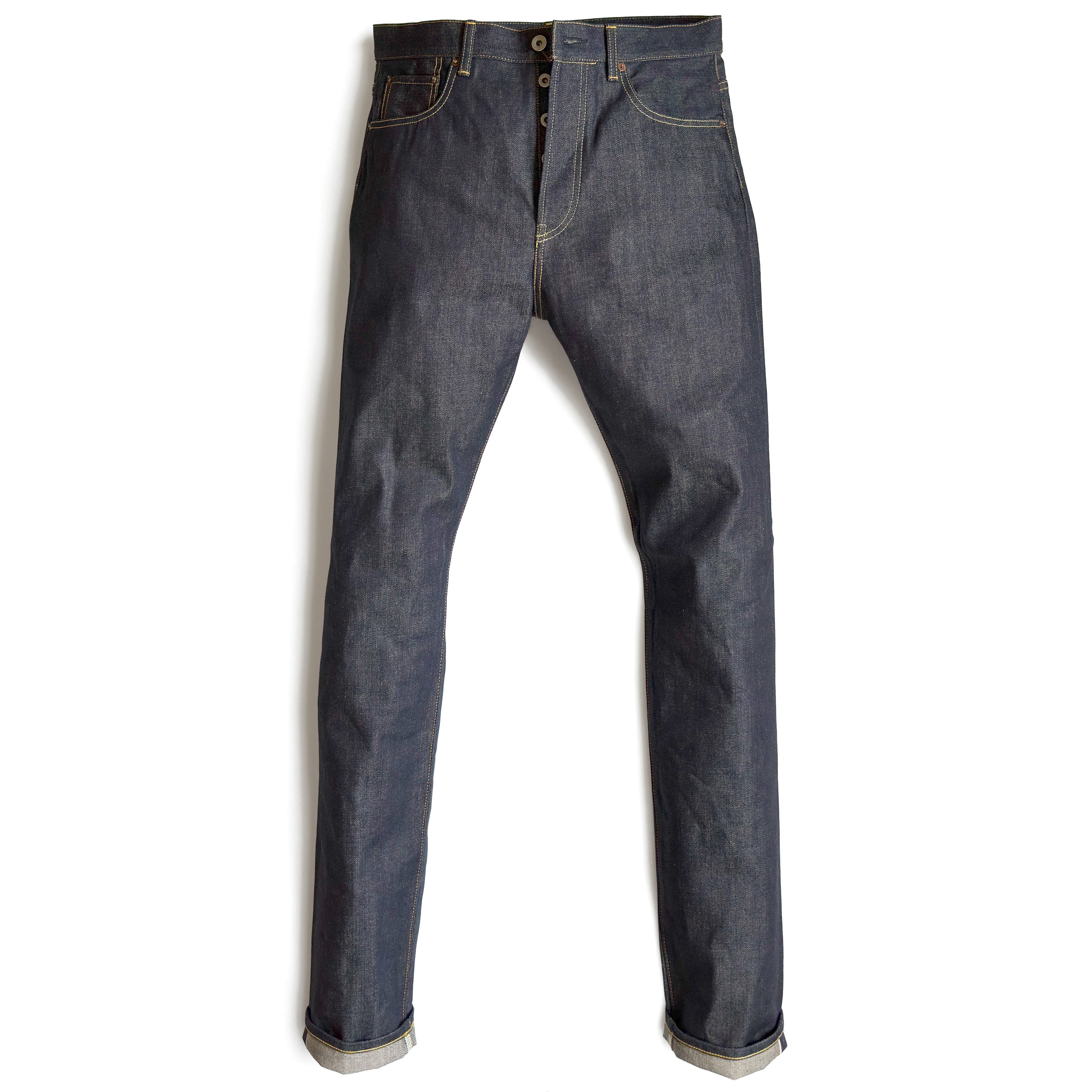 HFD02 Japanese selvedge denim relaxed fit tight tapered leg jeans with button fly, front view.