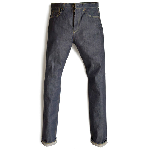 HFD02 Japanese selvedge denim relaxed fit tight tapered leg jeans with button fly, front view.
