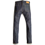 HFD03 Japanese selvedge denim regular fit slim leg jeans, back view showing rear pockets and jacron paper patch.