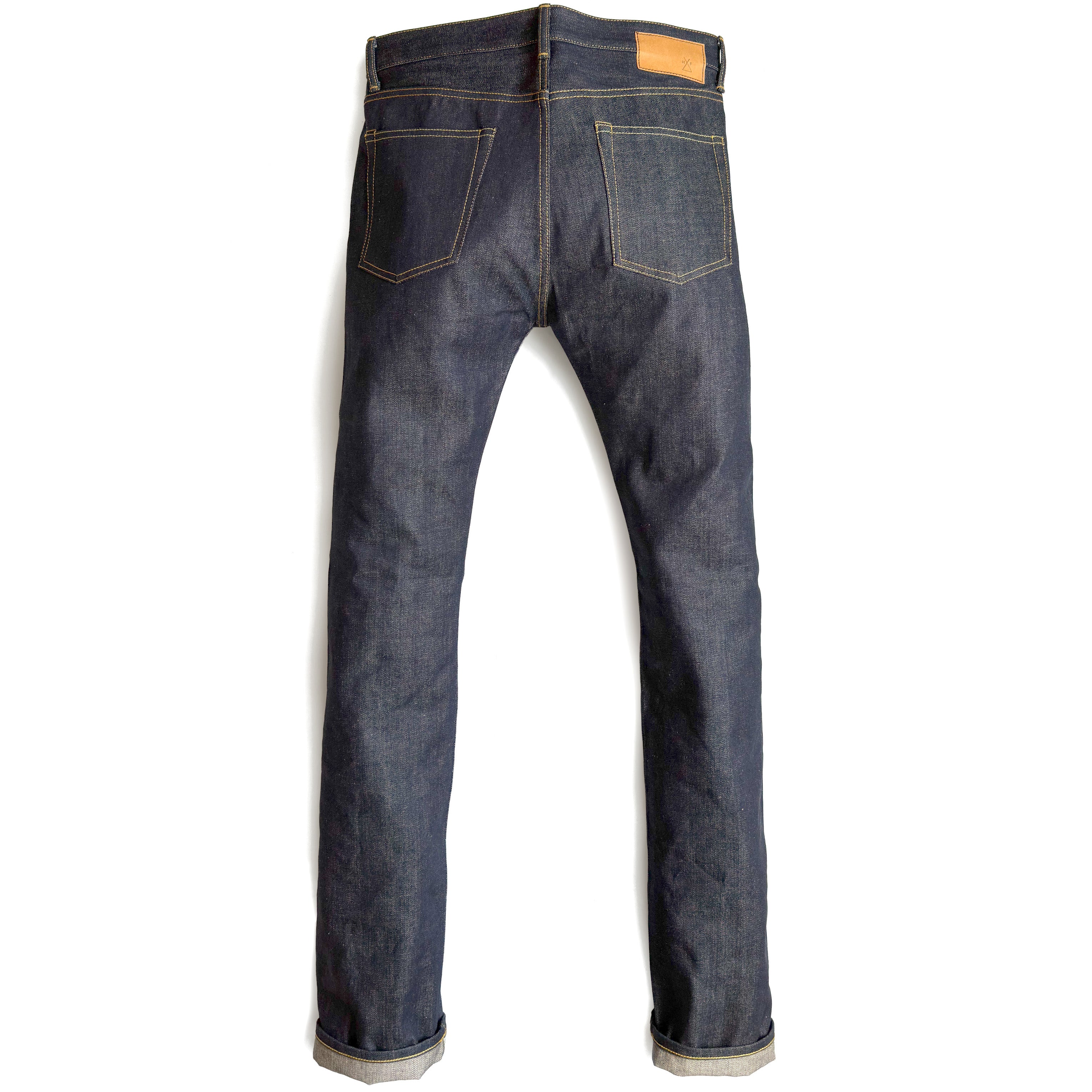 HFD03 Japanese selvedge denim regular fit slim leg jeans, back view showing rear pockets and jacron paper patch.