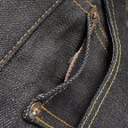 Closeup of the HFD03 coin watch pocket on Japanese selvedge denim regular fit slim leg jeans showing redline selvedge edge detail.