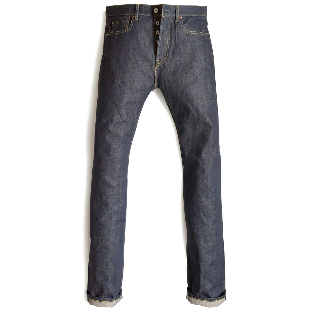 HFD03 Japanese selvedge denim regular fit slim leg jeans with button fly, front view.