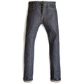 HFD03 Japanese selvedge denim regular fit slim leg jeans with button fly, front view.