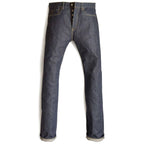 HFD03 Japanese selvedge denim regular fit slim leg jeans with button fly, front view.