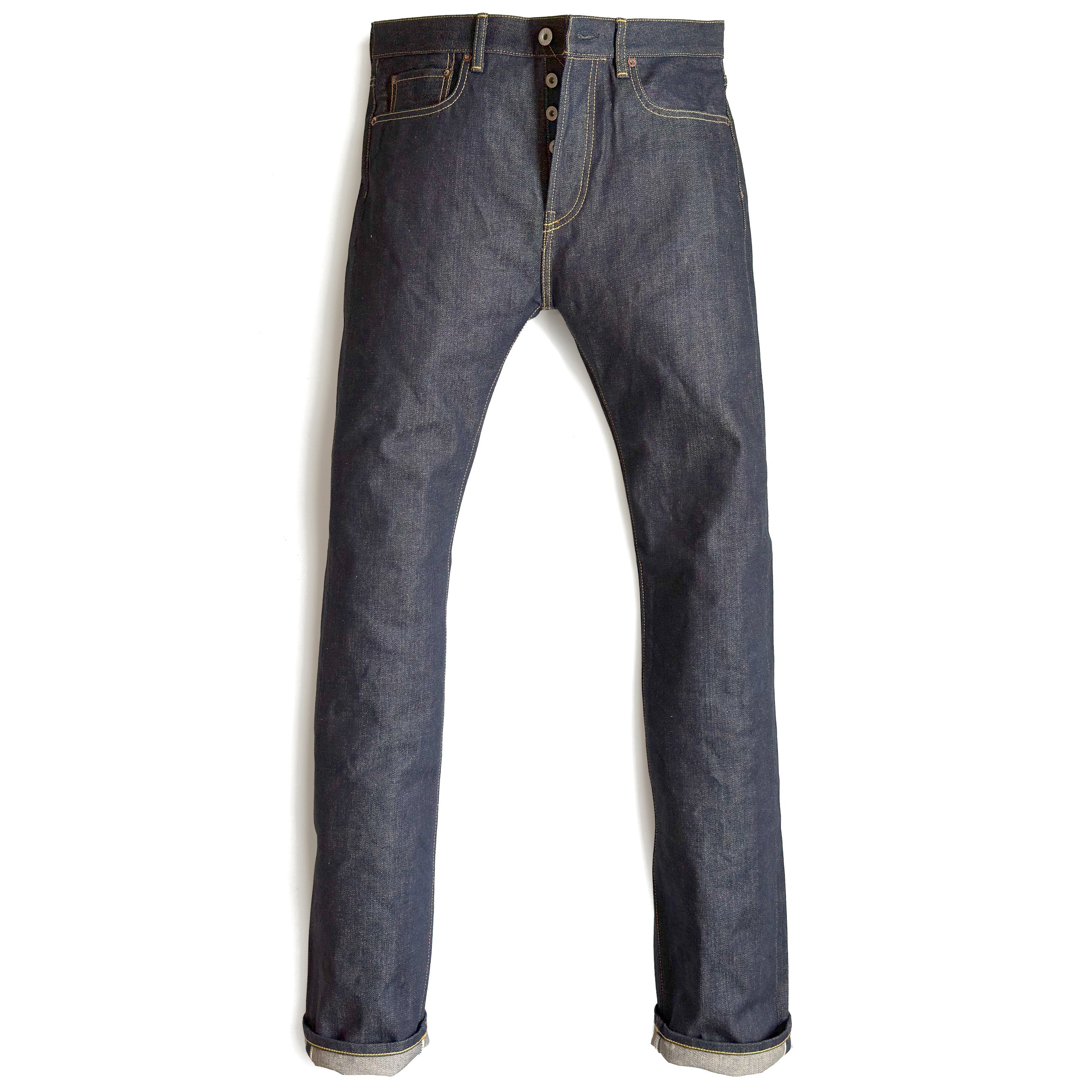 HFD03 Japanese selvedge denim regular fit slim leg jeans with button fly, front view.