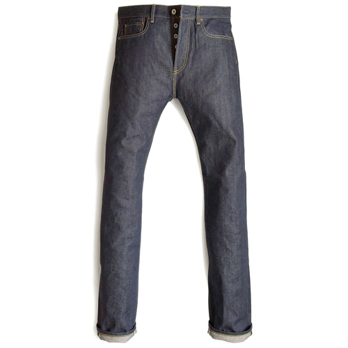 HFD03 Japanese selvedge denim regular fit slim leg jeans with button fly, front view.