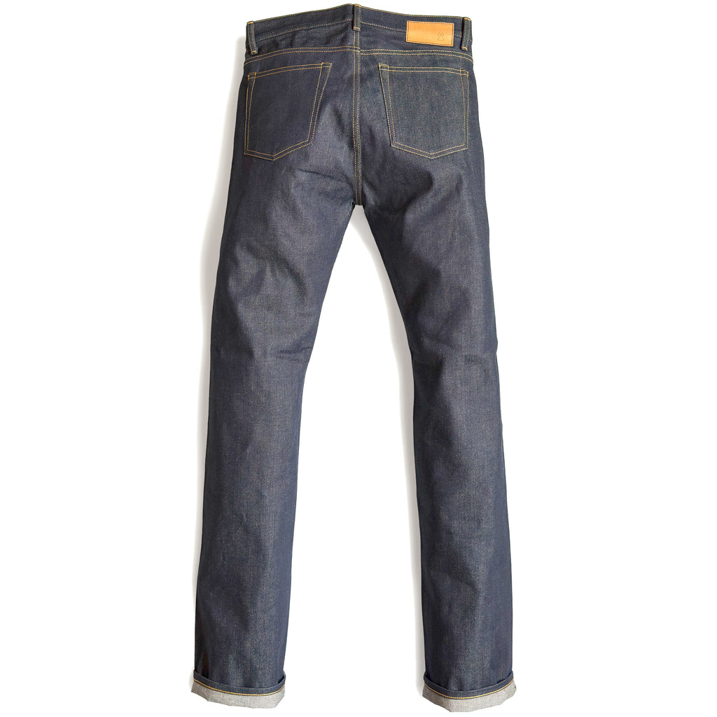 HFD04 Japanese selvedge denim slim fit straight leg jeans, back view showing rear pockets and jacron paper patch.