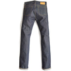 HFD04 Japanese selvedge denim slim fit straight leg jeans, back view showing rear pockets and jacron paper patch.