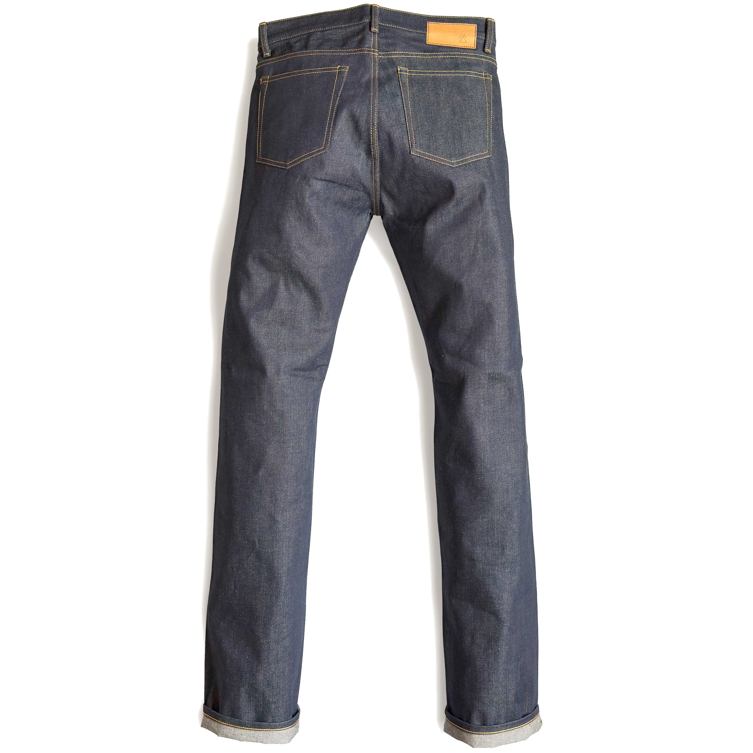 HFD04 Japanese selvedge denim slim fit straight leg jeans, back view showing rear pockets and jacron paper patch.