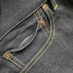 Closeup of the HFD04 coin watch pocket on Japanese selvedge denim slim fit straight leg jeans showing redline selvedge edge detail.