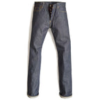 HFD04 Japanese selvedge denim slim fit straight leg jeans with button fly, front view.