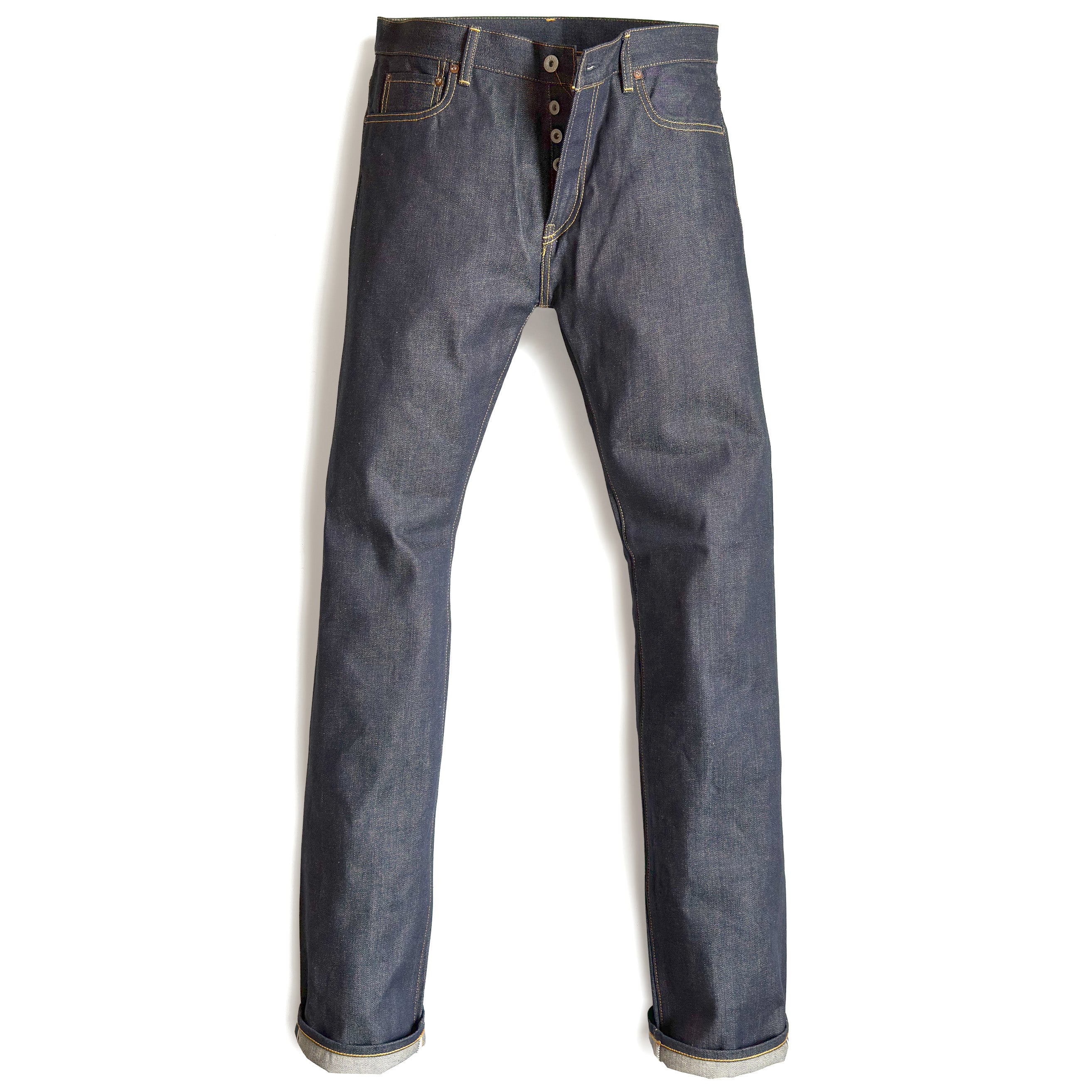 HFD04 Japanese selvedge denim slim fit straight leg jeans with button fly, front view.