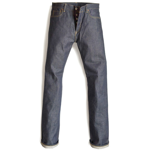 HFD04 Japanese selvedge denim slim fit straight leg jeans with button fly, front view.