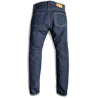 HFD-02 Japanese selvedge denim once washed  relaxed fit tight tapered leg jeans, back view showing rear pockets and jacron paper patch.