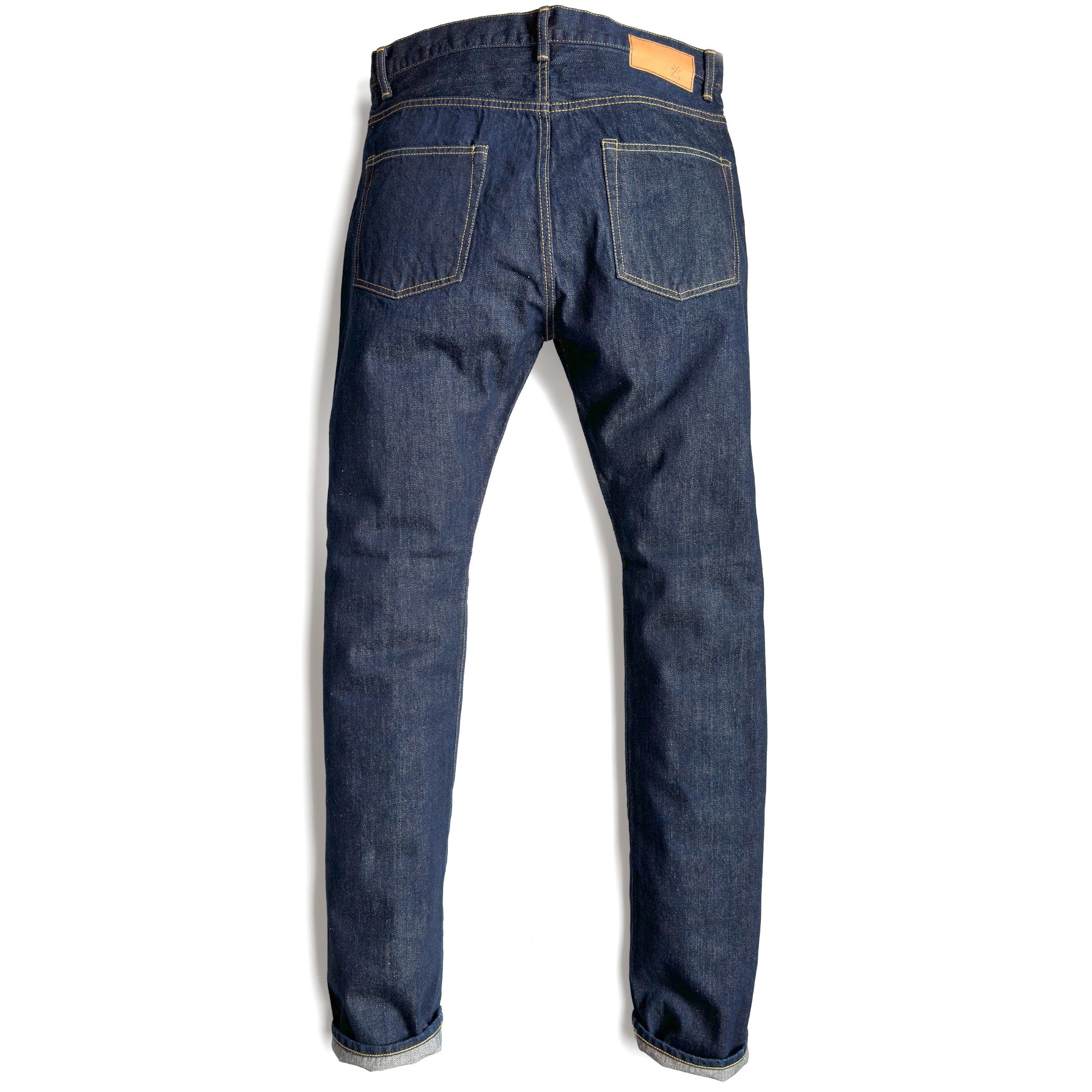 HFD-02 Japanese selvedge denim once washed  relaxed fit tight tapered leg jeans, back view showing rear pockets and jacron paper patch.