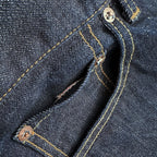 Closeup of the HFD-02 coin watch pocket on Japanese selvedge denim  once washed relaxed fit tight tapered leg jeans showing redline selvedge edge detail.