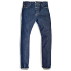 HFD-02 Japanese selvedge denim once washed relaxed fit tight tapered leg jeans with button fly, front view.