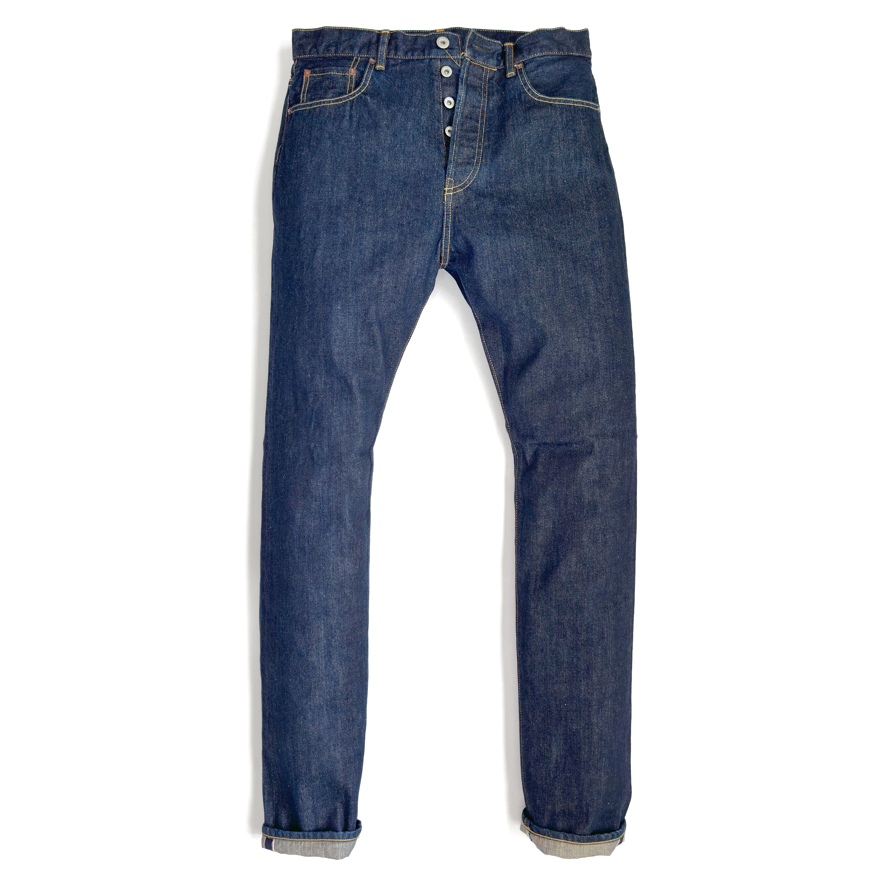 HFD-02 Japanese selvedge denim once washed relaxed fit tight tapered leg jeans with button fly, front view.