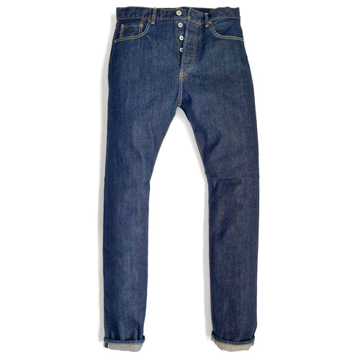 HFD-02 Japanese selvedge denim once washed relaxed fit tight tapered leg jeans with button fly, front view.