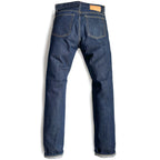 HFD-04W Japanese selvedge denim once washed slim fit straight leg jeans, back view showing rear pockets and jacron paper patch.