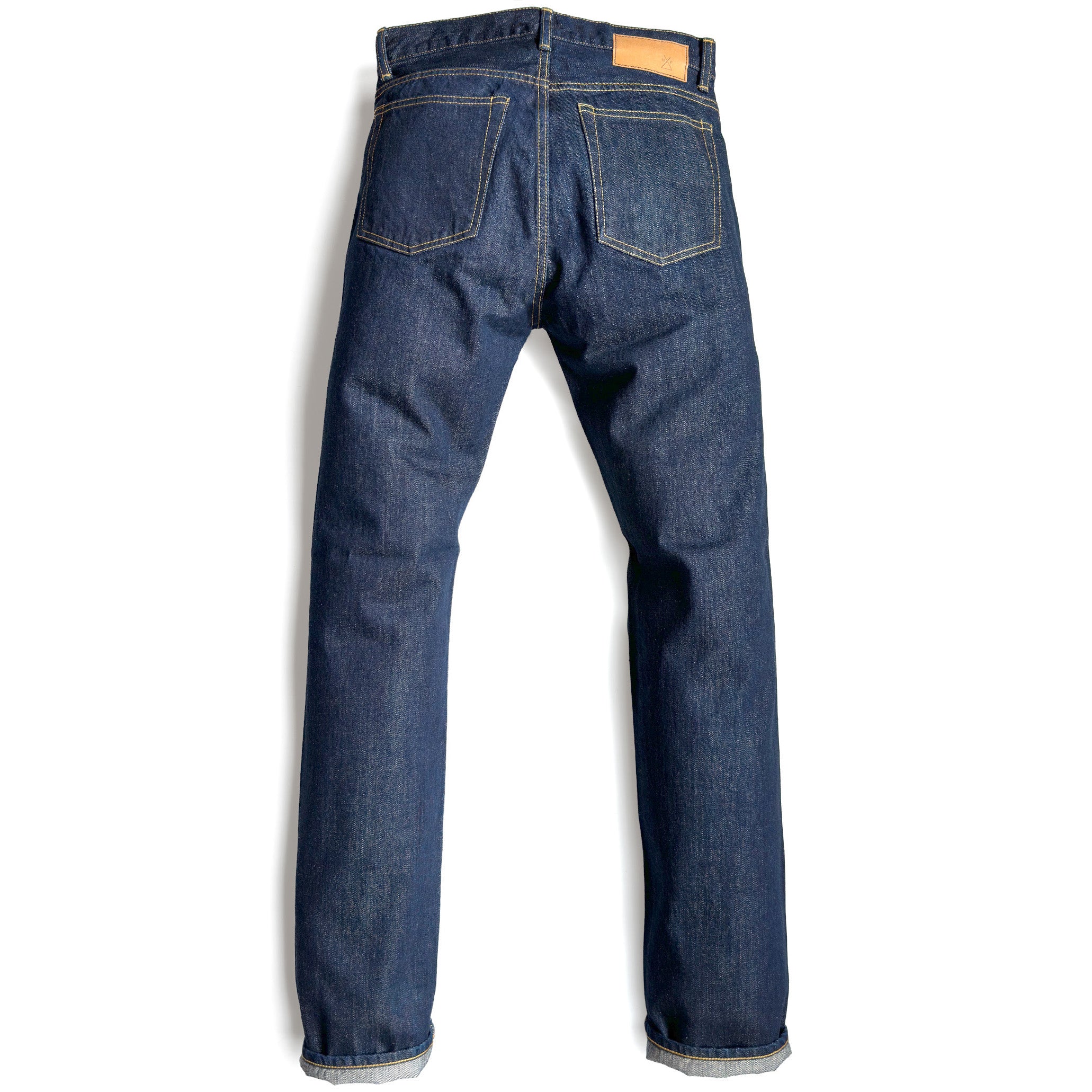 HFD-04W Japanese selvedge denim once washed slim fit straight leg jeans, back view showing rear pockets and jacron paper patch.