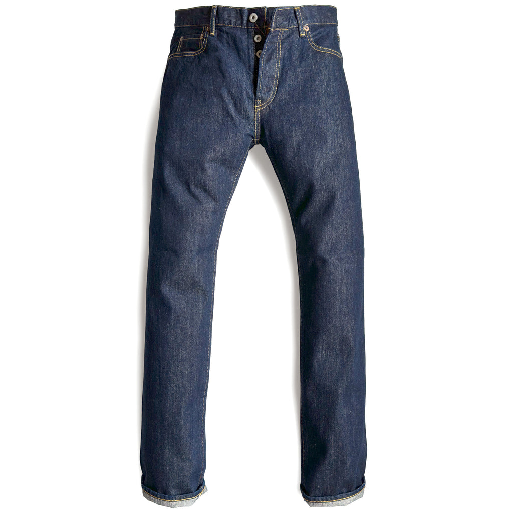 HFD-04W Japanese selvedge denim once washed slim fit straight leg jeans with button fly, front view.