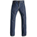 HFD-04W Japanese selvedge denim once washed slim fit straight leg jeans with button fly, front view.