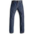 HFD-04W Japanese selvedge denim once washed slim fit straight leg jeans with button fly, front view.