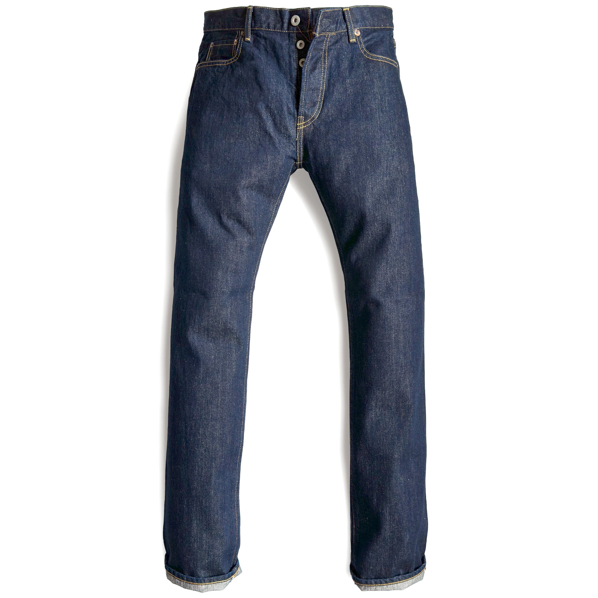 HFD-04W Japanese selvedge denim once washed slim fit straight leg jeans with button fly, front view.