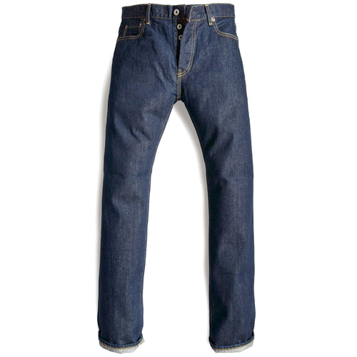 HFD-04W Japanese selvedge denim once washed slim fit straight leg jeans with button fly, front view.
